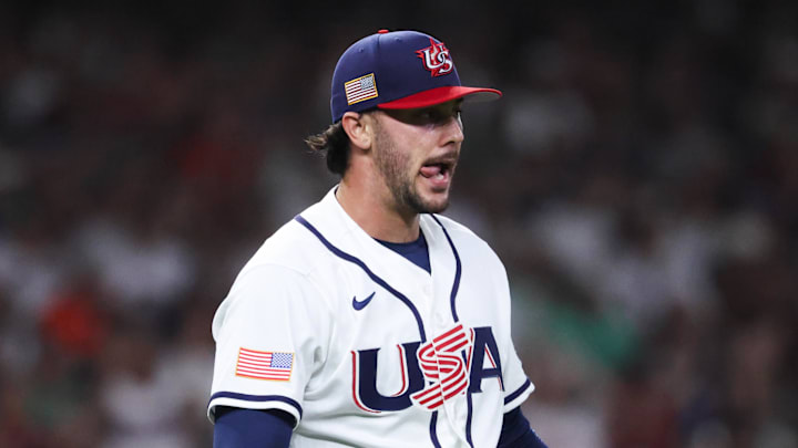 Mar 9, 2026; Houston, TX, United States; United States pitcher Paul Skenes (30) reacts after a strike out in the first inning against Mexico at Daikin Park. Mandatory Credit: Troy Taormina-Imagn Images