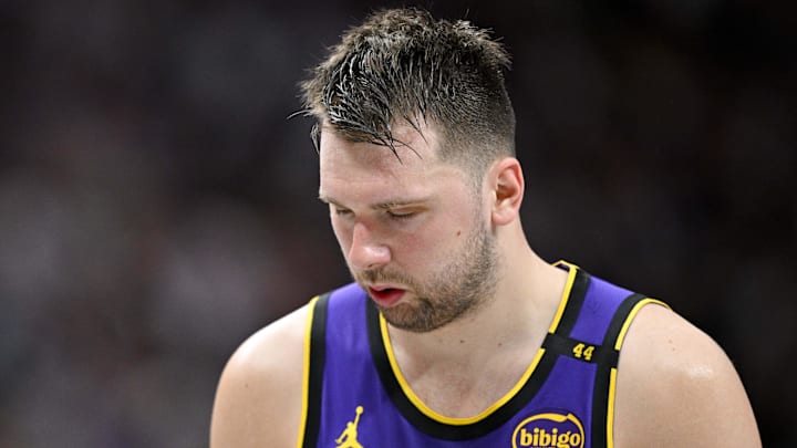 Apr 9, 2025; Dallas, Texas, USA; Los Angeles Lakers guard Luka Doncic (77) during the game between the Dallas Mavericks and the Los Angeles Lakers at American Airlines Center. Mandatory Credit: Jerome Miron-Imagn Images