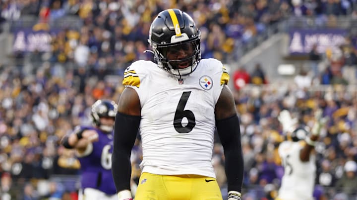 Dec 7, 2025; Baltimore, Maryland, USA; Pittsburgh Steelers linebacker Patrick Queen (6) reacts after a defensive stop against the Baltimore Ravens during the second half at M&T Bank Stadium. Mandatory Credit: Peter Casey-Imagn Images