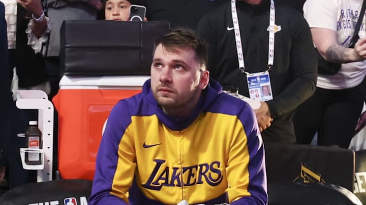 Los Angeles Lakers guard Luka Doncic reacts while watching a tribute video before the game against the Dallas Mavericks at American Airlines Center. Mandatory Credit: Kevin Jairaj-Imagn Images
