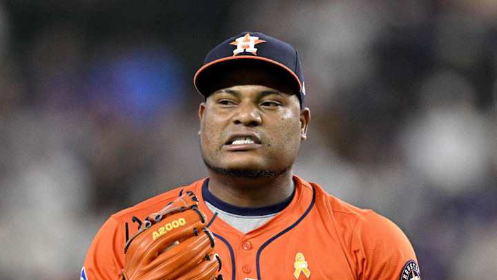 Sep 7, 2025; Arlington, Texas, USA; Houston Astros starting pitcher Framber Valdez (59) pitches against the Texas Rangers during the first inning at Globe Life Field. Mandatory Credit: Jerome Miron-Imagn Images