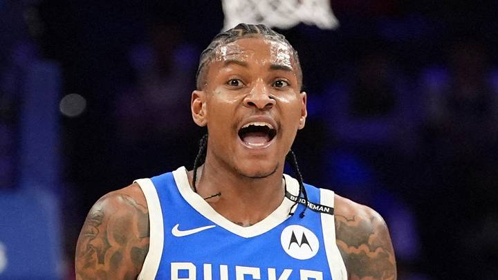 Milwaukee Bucks guard Kevin Porter Jr (3) reacts against the Philadelphia 76ers in the second quarter at Wells Fargo Center on April 3, 2025.