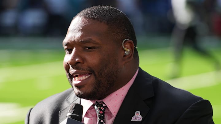 Oct 8, 2023; London United Kingdom, NFL Network commentator Maurice Jones-Drew during an NFL International Series game at Tottenham Hotspur Stadium. Mandatory Credit: Kirby Lee-Imagn Images