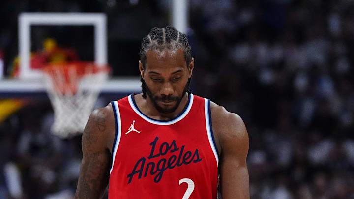 May 3, 2025; Denver, Colorado, USA; LA Clippers forward Kawhi Leonard (2) during the third quarter against the Denver Nuggets during game seven of first round for the 2025 NBA Playoffs at Ball Arena. Mandatory Credit: Ron Chenoy-Imagn Images