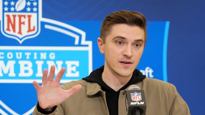 Feb 25, 2025; Indianapolis, IN, USA; Jacksonville Jaguars general manger James Gladstone speaks during the NFL Scouting Combine at the Indiana Convention Center. Mandatory Credit: Kirby Lee-Imagn Images