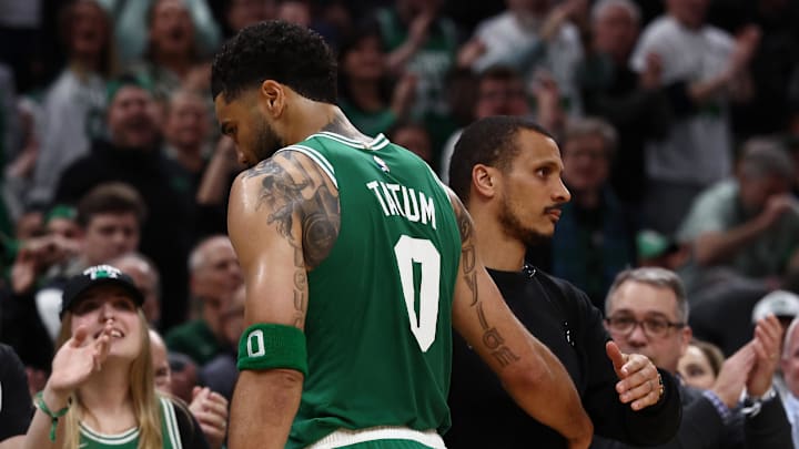 Mar 6, 2026; Boston, Massachusetts, USA; Boston Celtics forward Jayson Tatum (0) gives a hug to head coach Joe Mazzulla as he comes out of the game during the second half against the Dallas Mavericks at TD Garden. Mandatory Credit: Winslow Townson-Imagn Images Mar 6, 2026; Boston, Massachusetts, USA; Boston Celtics forward Jayson Tatum (0) gives a hug to head coach Joe Mazzulla as he comes out of the game during the second half against the Dallas Mavericks at TD Garden. Mandatory Credit: Winslow Townson-Imagn Images
