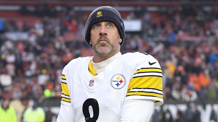 Dec 28, 2025; Cleveland, Ohio, USA; Pittsburgh Steelers quarterback Aaron Rodgers (8) looks on after the game against the Cleveland Browns at Huntington Bank Field. Mandatory Credit: Scott Galvin-Imagn Images