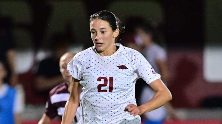 Arkansas Razorbacks' Ava Tankersley with the ball against Texas A&M. The game ended in a scoreless draw.