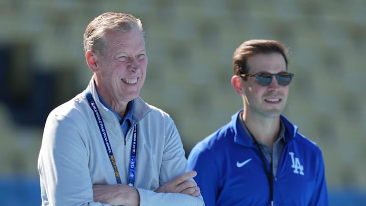 Spectrum SportsNet LA commentator Orel Hershiser (left) and play-by-play announcer Joe Davis during the game between the San Francisco Giants and Los Angeles Dodgers at Dodger Stadium on April 1, 2024.