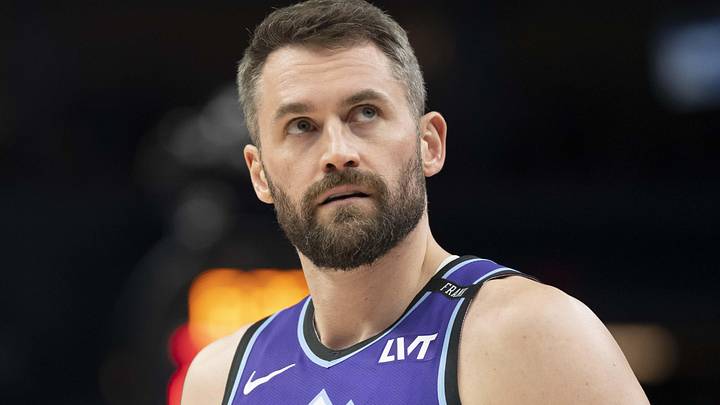 Mar 18, 2026; Minneapolis, Minnesota, USA; Utah Jazz forward Kevin Love (42) looks on against the Minnesota Timberwolves in the first half at Target Center. Mandatory Credit: Jesse Johnson-Imagn Images