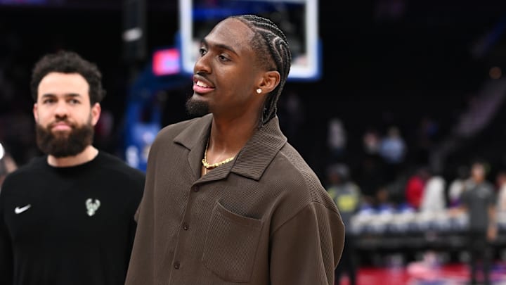 Apr 3, 2025; Philadelphia, Pennsylvania, USA; Philadelphia 76ers guard Tyrese Maxey looks on after the game against the Milwaukee Bucks at Wells Fargo Center. Mandatory Credit: Kyle Ross-Imagn Images