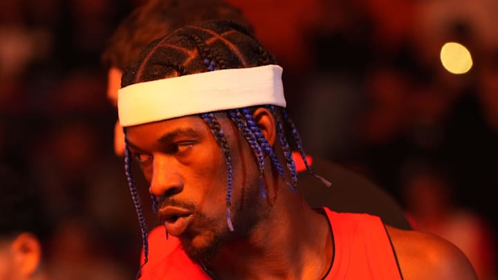 Dec 7, 2024; Miami, Florida, USA;  Miami Heat forward Jimmy Butler (22) is introduced during pregame ceremonies before a game against the Phoenix Suns at Kaseya Center. Mandatory Credit: Jim Rassol-Imagn Images