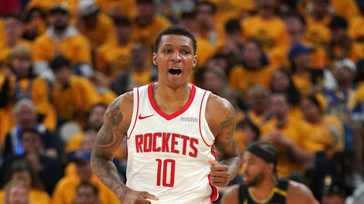 May 2, 2025; San Francisco, California, USA; Houston Rockets forward Jabari Smith Jr. (10) reacts after making a three-point basket against the Golden State Warriors in the third quarter of game six of the first round for the 2025 NBA Playoffs at Chase Center. Mandatory Credit: Cary Edmondson-Imagn Images