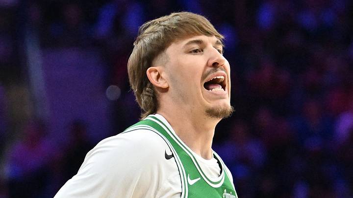 Apr 26, 2026; Philadelphia, Pennsylvania, USA; Boston Celtics guard Baylor Scheierman (55) reacts after making a three point basket against the Philadelphia 76ers during the first half at Xfinity Mobile Arena. Mandatory Credit: Eric Hartline-Imagn Images