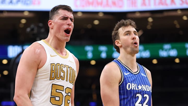 Apr 12, 2026; Boston, Massachusetts, USA; Boston Celtics forward Luka Garza (52) reacts during the second half against the Orlando Magic at TD Garden. Mandatory Credit: Paul Rutherford-Imagn Images