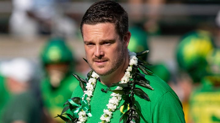 Oregon head coach Dan Lanning walks the field during warmups as the Oregon Ducks host Hawaii Saturday, Sept. 16, 2023, at Hayward Field in Eugene, Ore.