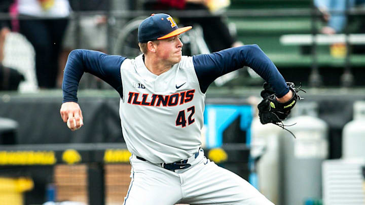 Illinois' Riley Gowens (42) delivers a pitch during a NCAA Big Ten Conference baseball game against Iowa, Sunday, May 16, 2021, at Duane Banks Field in Iowa City, Iowa.