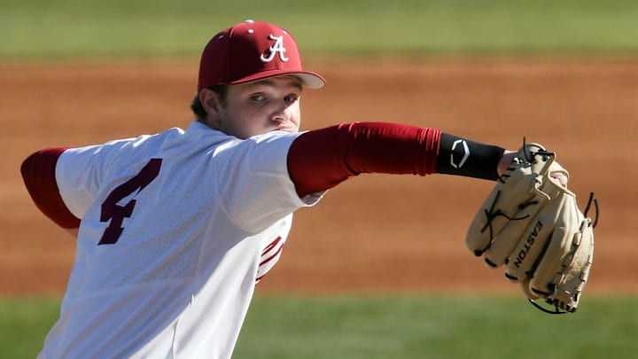 Alabama starting pitcher Connor Prielipp delivers the ball to the plate as the Crimson Tide opened the season against McNeese Friday, Feb. 19, 2021, in Sewell-Thomas Stadium. [Staff Photo/Gary Cosby Jr.]

Alabama Vs Mcneese
