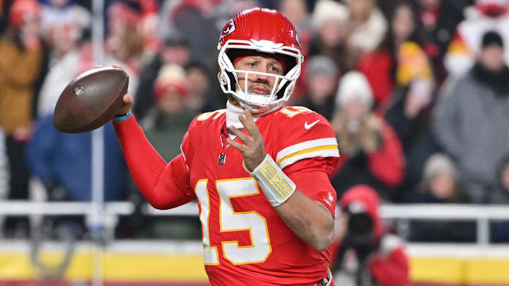 Dec 7, 2025; Kansas City, Missouri, USA; Kansas City Chiefs quarterback Patrick Mahomes (15) throws a pass during the second quarter against the Houston Texans at GEHA Field at Arrowhead Stadium. Mandatory Credit: Amy Kontras-Imagn Images