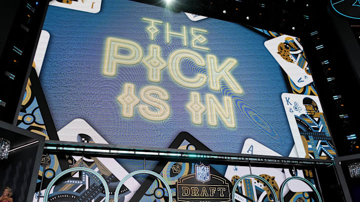 Apr 28, 2022; Las Vegas, NV, USA; The Pick Is In is displayed before Georgia defensive end Travon Walker is announced as the first overall pick to the Jacksonville Jaguars during the first round of the 2022 NFL Draft at the NFL Draft Theater. Mandatory Credit: Kirby Lee-Imagn Images Apr 28, 2022; Las Vegas, NV, USA; The Pick Is In is displayed before Georgia defensive end Travon Walker is announced as the first overall pick to the Jacksonville Jaguars during the first round of the 2022 NFL Draft at the NFL Draft Theater. Mandatory Credit: Kirby Lee-Imagn Images