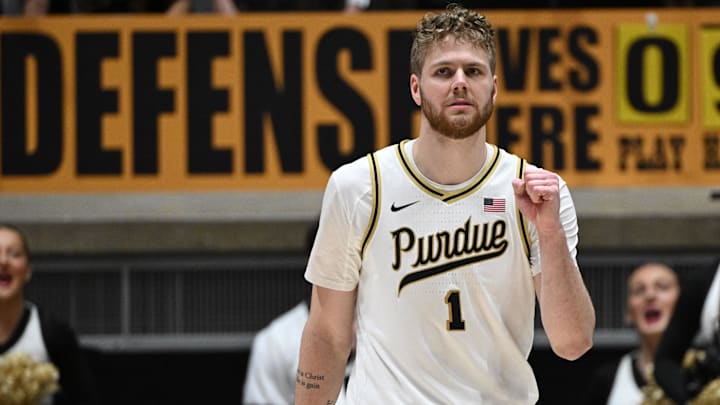 Purdue Boilermakers forward Caleb Furst (1) celebrates a call 