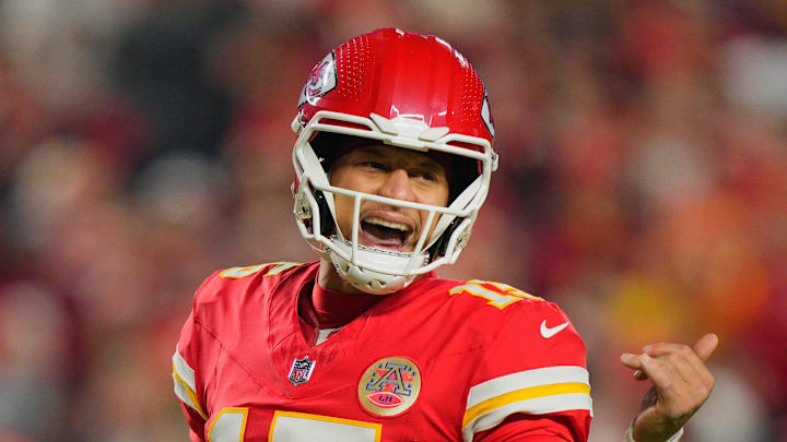 Oct 27, 2025; Kansas City, Missouri, USA; Kansas City Chiefs quarterback Patrick Mahomes (15) reacts during the third quarter of the game against the Washington Commanders at GEHA Field at Arrowhead Stadium. Mandatory Credit: Jay Biggerstaff-Imagn Images