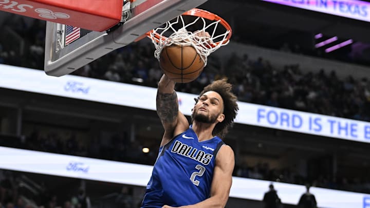 Oct 28, 2024; Dallas, Texas, USA; Dallas Mavericks center Dereck Lively II (2) dunks the ball against the Utah Jazz during the second half at the American Airlines Center. Mandatory Credit: Jerome Miron-Imagn Images