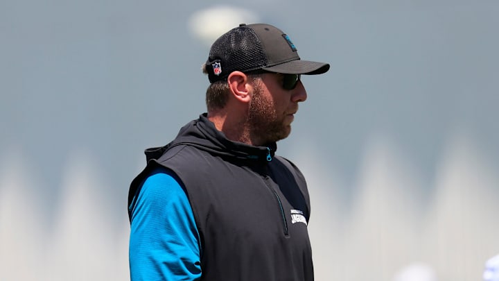 Jacksonville Jaguars head coach Liam Coen looks on during an NFL training camp session at the Miller Electric Center, Friday Aug. 15, 2025 in Jacksonville, Fla. [Corey Perrine/Florida Times-Union]