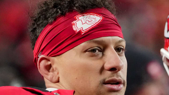 Dec 7, 2025; Kansas City, Missouri, USA; Kansas City Chiefs quarterback Patrick Mahomes (15) looks on during the third quarter against the Houston Texans at GEHA Field at Arrowhead Stadium. Mandatory Credit: Denny Medley-Imagn Images
