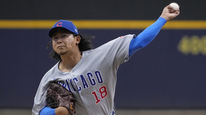 May 4, 2025; Milwaukee, Wisconsin, USA; Chicago Cubs pitcher Shota Imanaga (18) delivers a pitch against the Milwaukee Brewers in the first inning at American Family Field. 