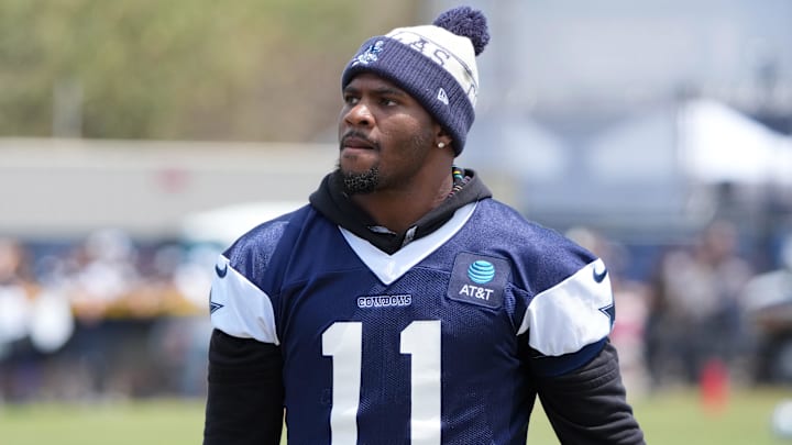 Jul 26, 2025; Oxnard, CA, USA; Dallas Cowboys defensive end Micah Parsons (11) at training camp at the River Ridge Fields. Mandatory Credit: Kirby Lee-Imagn Images