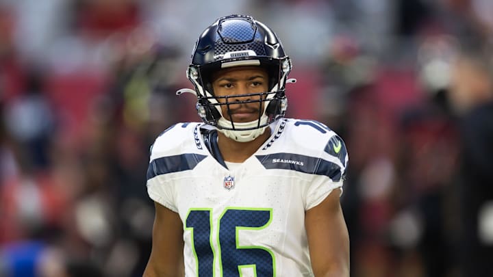 Dec 8, 2024; Glendale, Arizona, USA; Seattle Seahawks wide receiver Tyler Lockett (16) prior to the game against the Arizona Cardinals at State Farm Stadium. Mandatory Credit: Mark J. Rebilas-Imagn Images