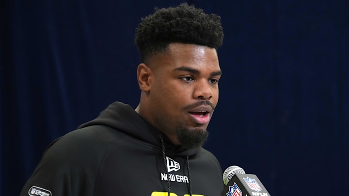 Feb 26, 2025; Indianapolis, IN, USA; Iowa linebacker Jay Higgins (LB08) during the 2025 NFL Scouting Combine at the Indiana Convention Center. Mandatory Credit: Kirby Lee-Imagn Images