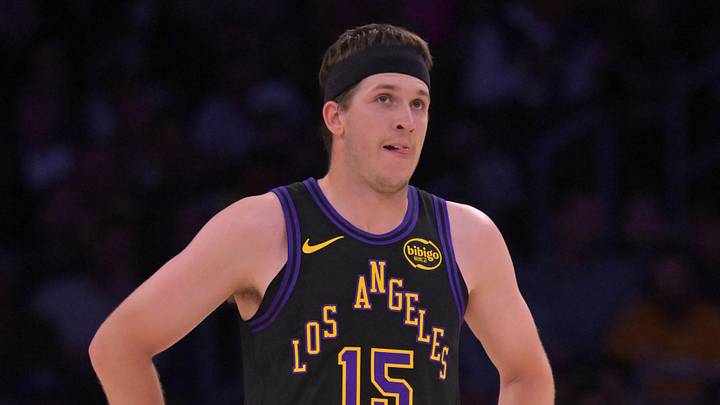 Mar 31, 2026; Los Angeles, California, USA;  Los Angeles Lakers guard Austin Reaves (15) on the court in the first half against the Cleveland Cavaliers at Crypto.com Arena. Mandatory Credit: Jayne Kamin-Oncea-Imagn Images