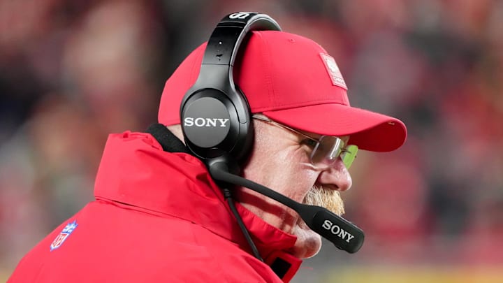 Dec 7, 2025; Kansas City, Missouri, USA; Kansas City Chiefs head coach Andy Reid looks on during the third quarter against the Houston Texans at GEHA Field at Arrowhead Stadium. Mandatory Credit: Denny Medley-Imagn Images