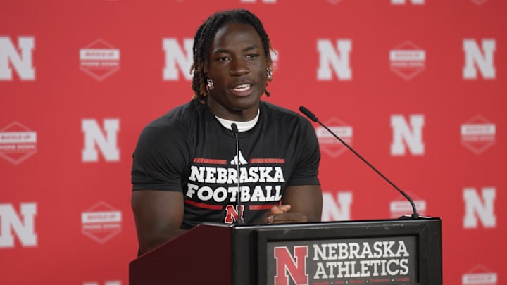 Nebraska running back Emmett Johnson meets with the media after the first day of preseason camp.