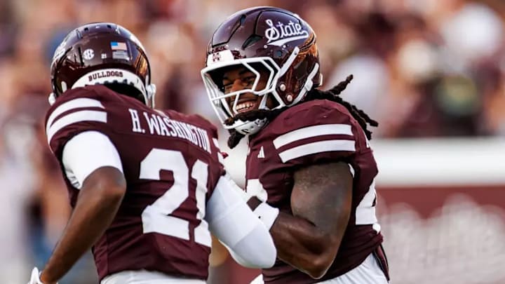 Mississippi State Linebacker Nic Mitchell (#40) and Mississippi State Safety Hunter Washington (#21) during the game between the Alcorn State Braves and the Mississippi State Bulldogs at Davis Wade Stadium at Scott Field in Starkville, MS. Mississippi State Linebacker Nic Mitchell (#40) and Mississippi State Safety Hunter Washington (#21) during the game between the Alcorn State Braves and the Mississippi State Bulldogs at Davis Wade Stadium at Scott Field in Starkville, MS.