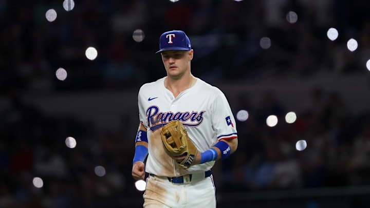 Sep 18, 2024; Arlington, Texas, USA; Texas Rangers third baseman Josh Jung (6) runs out to third base during the ninth inning against the Toronto Blue Jays at Globe Life Field. Sep 18, 2024; Arlington, Texas, USA; Texas Rangers third baseman Josh Jung (6) runs out to third base during the ninth inning against the Toronto Blue Jays at Globe Life Field.
