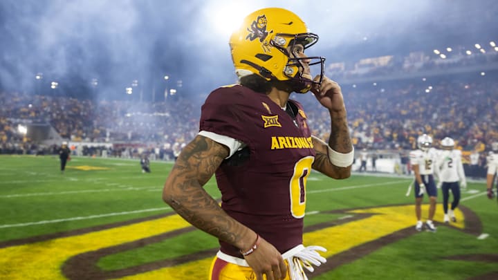 Nov 28, 2025; Tempe, Arizona, USA; Arizona State Sun Devils wide receiver Jordyn Tyson (0) against the Arizona Wildcats during the 99th Territorial Cup at Mountain America Stadium. Mandatory Credit: Mark J. Rebilas-Imagn Images