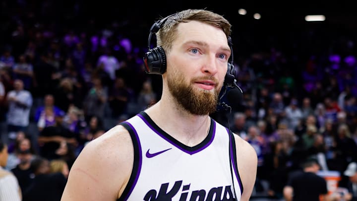 Mar 27, 2025; Sacramento, California, USA; Sacramento Kings forward Domantas Sabonis (11) is interviewed by the media after a game against the Portland Trail Blazers at Golden 1 Center.