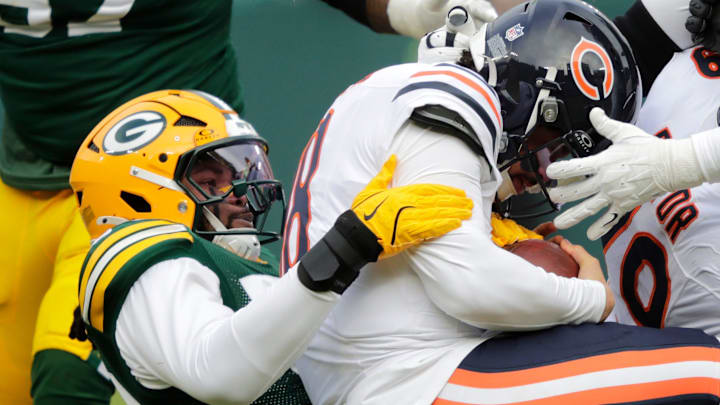 Green Bay Packers defensive end Rashan Gary (52) sacks Chicago Bears quarterback Caleb Williams. Green Bay Packers defensive end Rashan Gary (52) sacks Chicago Bears quarterback Caleb Williams.
