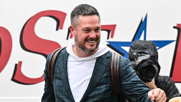 Nov 8, 2025; Iowa City, Iowa, USA; Oregon Ducks head coach Dan Lanning enters Kinnick Stadium before the game against the Iowa Hawkeyes. Mandatory Credit: Jeffrey Becker-Imagn Images