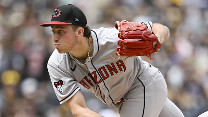 Sep 28, 2025; San Diego, California, USA; Arizona Diamondbacks starting pitcher Brandon Pfaadt (32) delivers during the first inning against the San Diego Padres at Petco Park. Mandatory Credit: Denis Poroy-Imagn Images