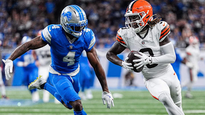 Cleveland Browns wide receiver Jerry Jeudy (3) makes a catch against Detroit Lions cornerback D.J. Reed (4) during the first half at Ford Field in Detroit on Sunday, Sept. 28, 2025.