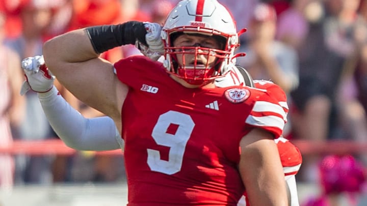 Nebraska defensive lineman Ty Robinson celebrates against Rutgers.