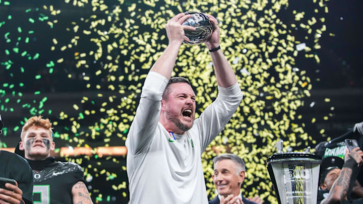 Oregon Ducks head coach Dan Lanning celebrates Saturday, Dec. 7, 2024, during the Big Ten Championship game between the Oregon Ducks and the Penn State Nittany Lions at Lucas Oil Stadium in Indianapolis. The Ducks defeated the Nittany Lions, 45-37.