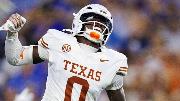 Oct 18, 2025; Lexington, Kentucky, USA; Texas Longhorns linebacker Anthony Hill Jr. (0) celebrates after the Kentucky Wildcats fail to score in overtime at Kroger Field. Mandatory Credit: Jordan Prather-Imagn Images