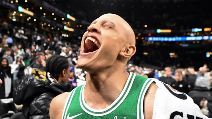 Dec 2, 2025; Boston, Massachusetts, USA; Boston Celtics guard Jordan Walsh (27) reacts while walking off of the court after a game against the New York Knicks at the TD Garden. Mandatory Credit: Brian Fluharty-Imagn Images
