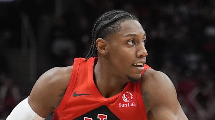 Toronto Raptors forward RJ Barrett dribbles against the Detroit Pistons. Toronto Raptors forward RJ Barrett dribbles against the Detroit Pistons.