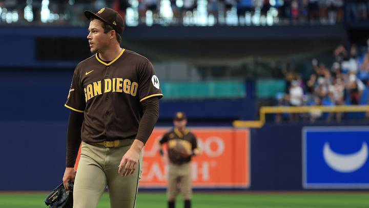 San Diego Padres pitcher Mason Miller (22) reacts as Tampa Bay Rays center fielder Jonny DeLuca (21) hits a 2-run home run during the ninth inning at Tropicana Field on Aug. 30, 2026. San Diego Padres pitcher Mason Miller (22) reacts as Tampa Bay Rays center fielder Jonny DeLuca (21) hits a 2-run home run during the ninth inning at Tropicana Field on Aug. 30, 2026.